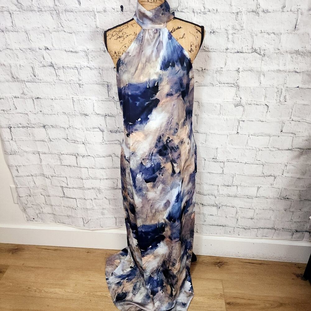 Commense love era tie dye satin halter long dress Sz L blue A15 - Picture 2 of 5